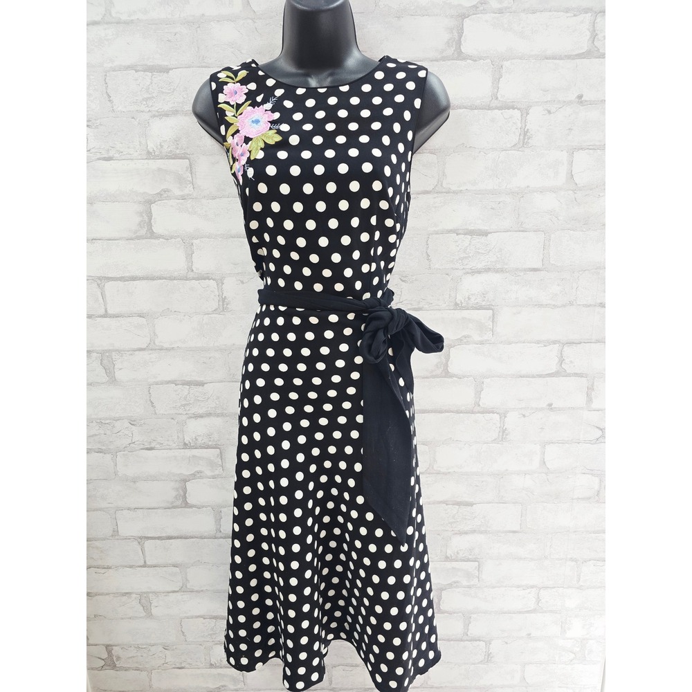 Talbots Black White Polka Dot Sleeveless Floral Embroidered Dress Size 6 - Picture 1 of 9